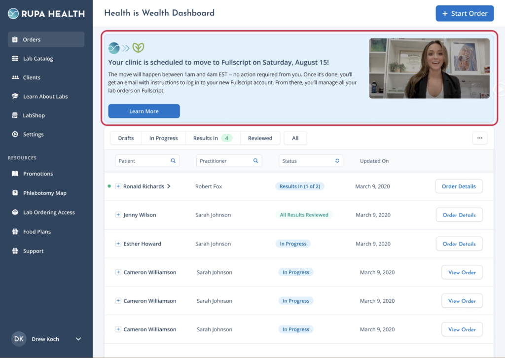 Banner in Rupa confirming your clinic’s scheduled move date and time.